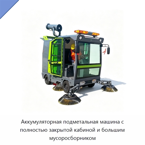 Аккумуляторная подметальная машина с полностью закрытой кабиной и большим мусоросборником