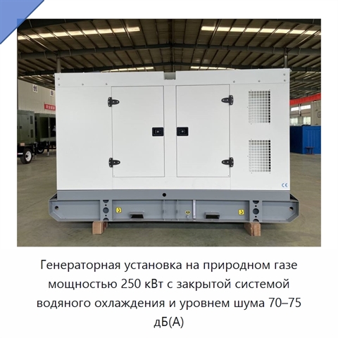 Генераторная установка на природном газе мощностью 250 кВт с закрытой системой водяного охлаждения и уровнем шума 70–75 дБ(А)