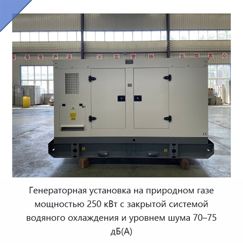 Генераторная установка на природном газе мощностью 250 кВт с закрытой системой водяного охлаждения и уровнем шума 70–75 дБ(А)