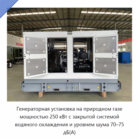 Генераторная установка на природном газе мощностью 250 кВт с закрытой системой водяного охлаждения и уровнем шума 70–75 дБ(А)