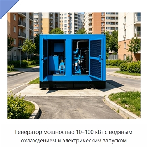 Генератор мощностью 10–100 кВт с водяным охлаждением и электрическим запуском