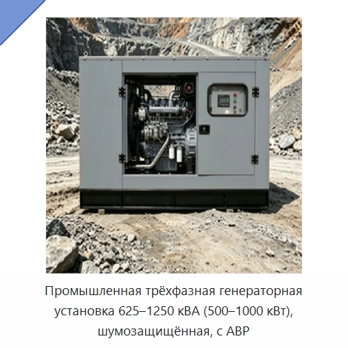 Промышленная трёхфазная генераторная установка 625–1250 кВА (500–1000 кВт), шумозащищённая, с АВР — Дизельные генераторы
