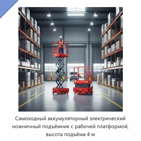 Самоходный аккумуляторный электрический ножничный подъёмник с рабочей платформой, высота подъёма 4 м
