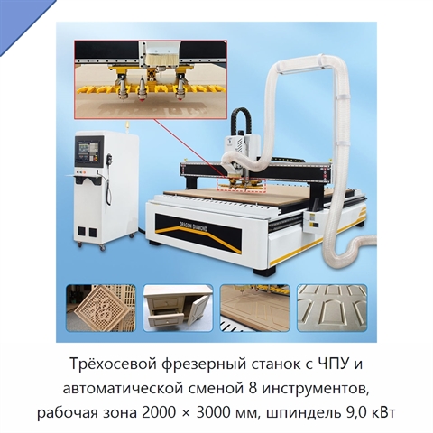 Трёхосевой фрезерный станок с ЧПУ и автоматической сменой 8 инструментов, рабочая зона 2000 × 3000 мм, шпиндель 9,0 кВт
