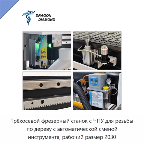 Трёхосевой фрезерный станок с ЧПУ для резьбы по дереву с автоматической сменой инструмента, рабочий размер 2030