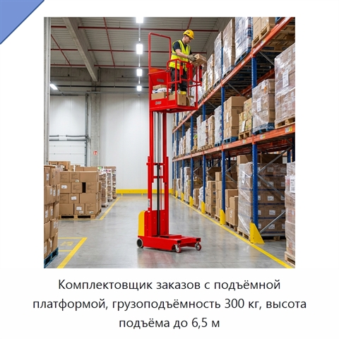 Комплектовщик заказов с подъёмной платформой, грузоподъёмность 300 кг, высота подъёма до 6,5 м