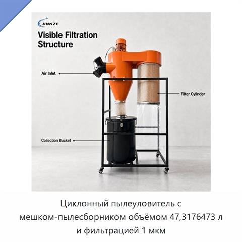 Циклонный пылеуловитель с мешком-пылесборником объёмом 47,3176473 л и фильтрацией 1 мкм