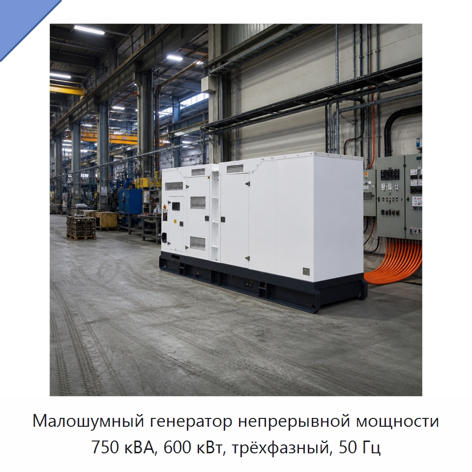 Малошумный генератор непрерывной мощности 750 кВА, 600 кВт, трёхфазный, 50 Гц — Дизельные генераторы