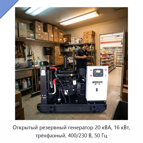 Открытый резервный генератор 20 кВА, 16 кВт, трёхфазный, 400/230 В, 50 Гц