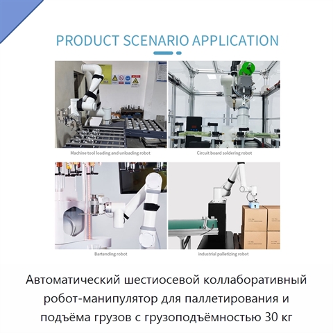 Автоматический шестиосевой коллаборативный робот-манипулятор для паллетирования и подъёма грузов с грузоподъёмностью 30 кг