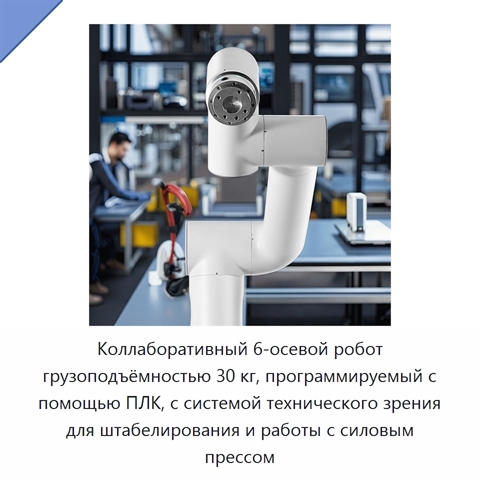 Коллаборативный 6-осевой робот грузоподъёмностью 30 кг, программируемый с помощью ПЛК, с системой технического зрения для штабелирования и работы с силовым прессом