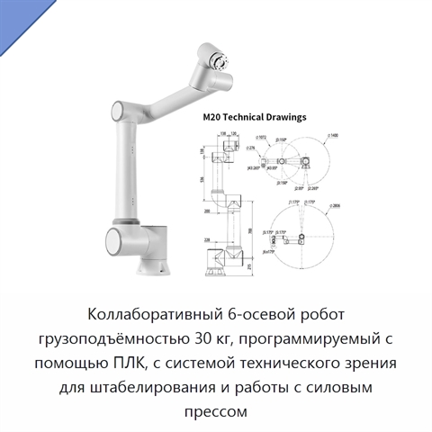 Коллаборативный 6-осевой робот грузоподъёмностью 30 кг, программируемый с помощью ПЛК, с системой технического зрения для штабелирования и работы с силовым прессом
