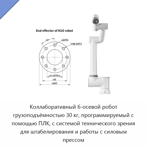 Коллаборативный 6-осевой робот грузоподъёмностью 30 кг, программируемый с помощью ПЛК, с системой технического зрения для штабелирования и работы с силовым прессом