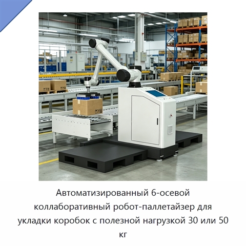 Автоматизированный 6-осевой коллаборативный робот-паллетайзер для укладки коробок с полезной нагрузкой 30 или 50 кг