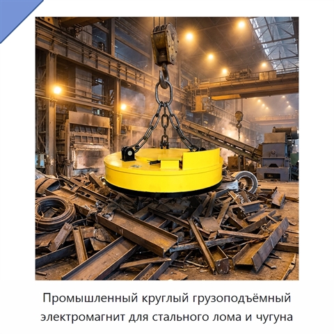 Промышленный круглый грузоподъёмный электромагнит для стального лома и чугуна