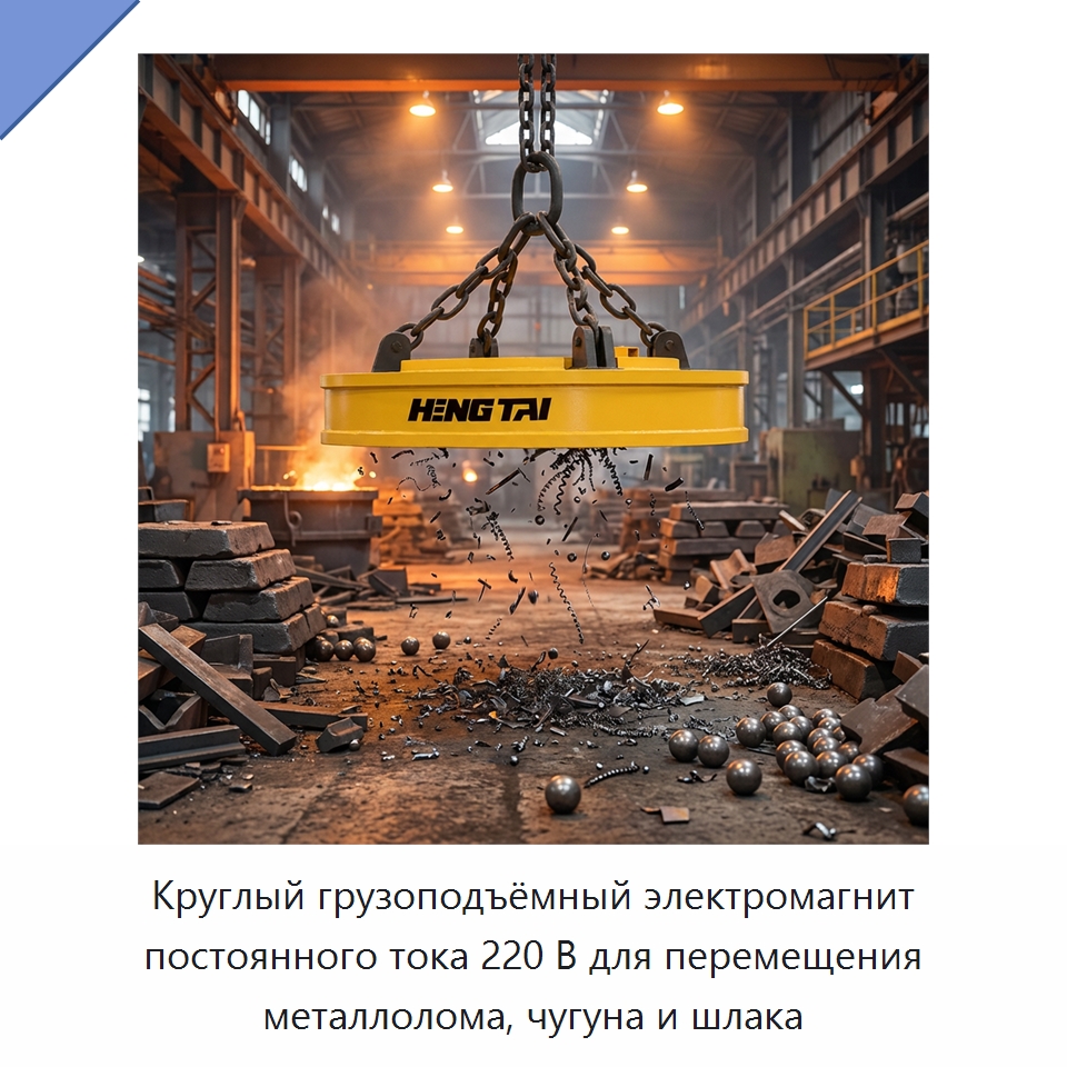 Круглый грузоподъёмный электромагнит постоянного тока 220 В для перемещения металлолома, чугуна и шлака — Магнитные грузозахваты
