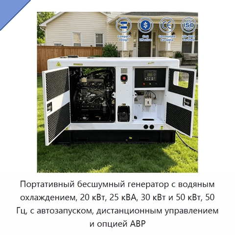 Портативный бесшумный генератор с водяным охлаждением, 20 кВт, 25 кВА, 30 кВт и 50 кВт, 50 Гц, с автозапуском, дистанционным управлением и опцией АВР