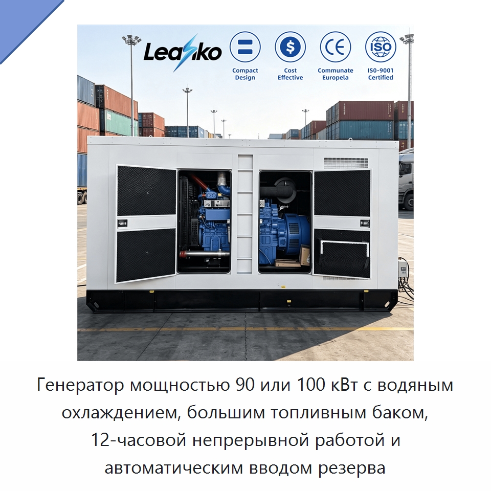 Генератор мощностью 90 или 100 кВт с водяным охлаждением, большим топливным баком, 12-часовой непрерывной работой и автоматическим вводом резерва — Дизельные генераторы
