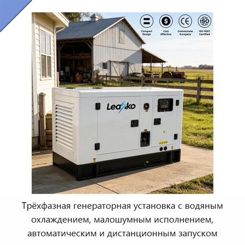 Трёхфазная генераторная установка с водяным охлаждением, малошумным исполнением, автоматическим и дистанционным запуском
