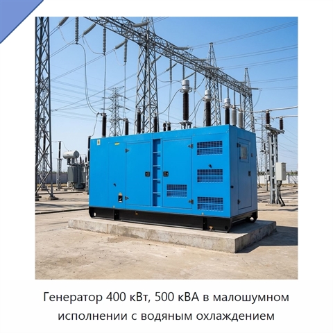Генератор 400 кВт, 500 кВА в малошумном исполнении с водяным охлаждением
