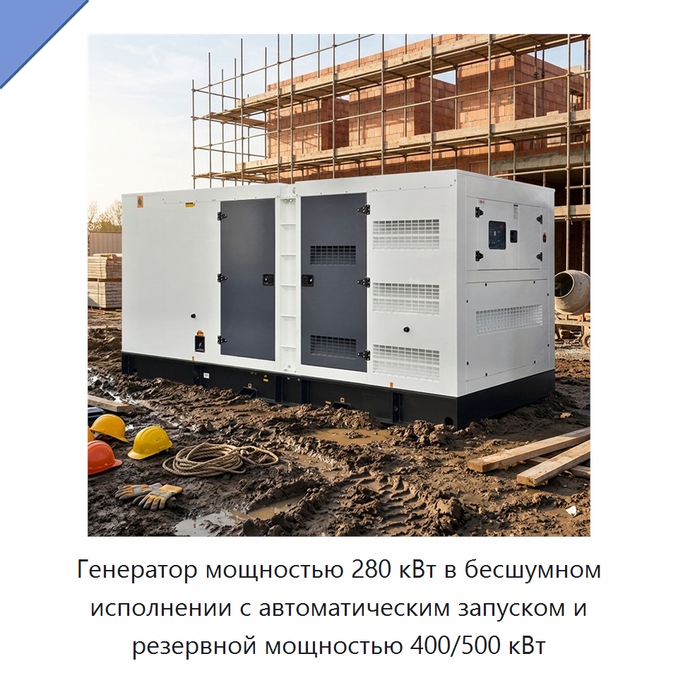 Генератор мощностью 280 кВт в бесшумном исполнении с автоматическим запуском и резервной мощностью 400/500 кВт — Дизельные генераторы
