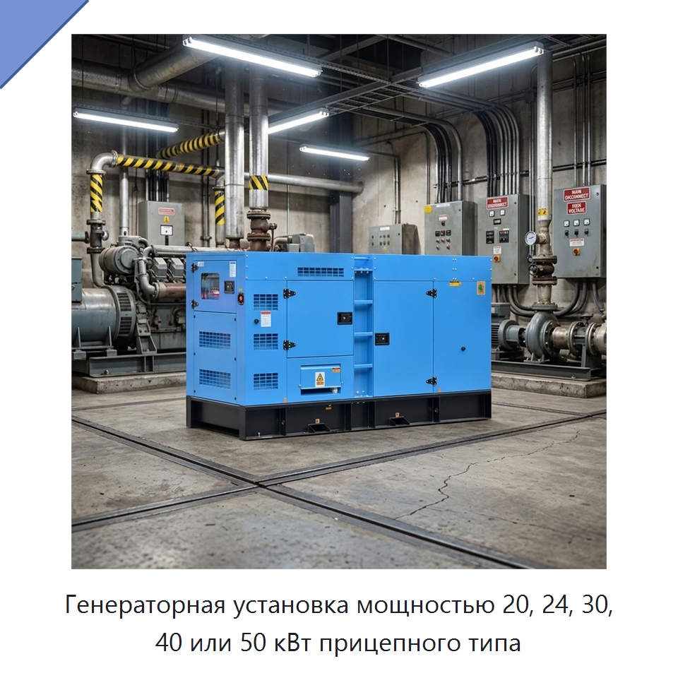 Генераторная установка мощностью 20, 24, 30, 40 или 50 кВт прицепного типа — Дизельные генераторы