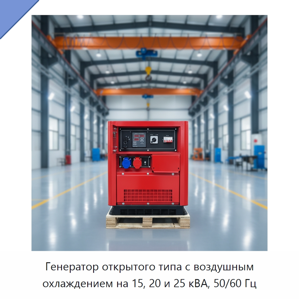 Генератор открытого типа с воздушным охлаждением на 15, 20 и 25 кВА, 50/60 Гц — Дизельные генераторы