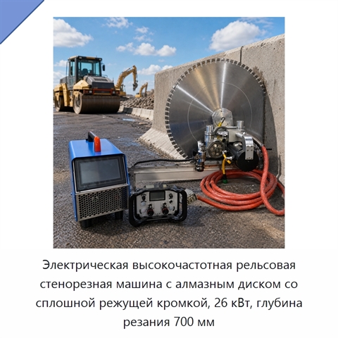 Электрическая высокочастотная рельсовая стенорезная машина с алмазным диском со сплошной режущей кромкой, 26 кВт, глубина резания 700 мм