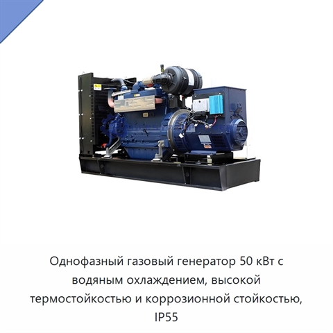Однофазный газовый генератор 50 кВт с водяным охлаждением, высокой термостойкостью и коррозионной стойкостью, IP55