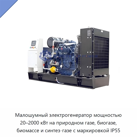 Малошумный электрогенератор мощностью 20–2000 кВт на природном газе, биогазе, биомассе и синтез-газе с маркировкой IP55
