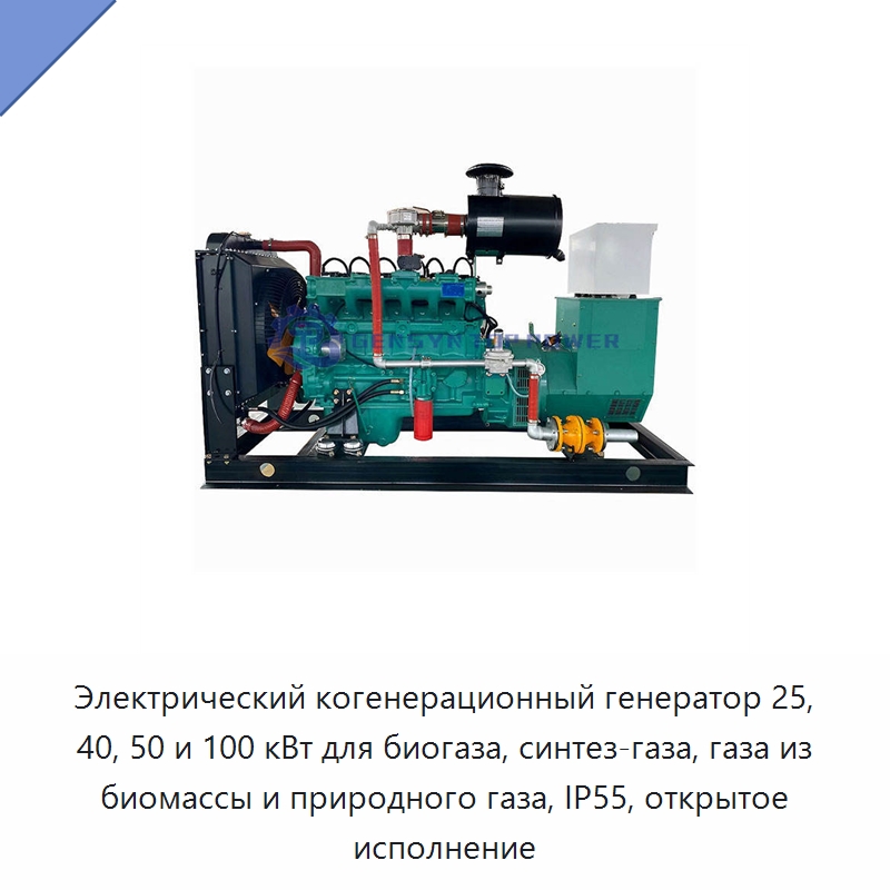 Электрический когенерационный генератор 25, 40, 50 и 100 кВт для биогаза, синтез-газа, газа из биомассы и природного газа, IP55, открытое исполнение — Газотурбинные генераторы