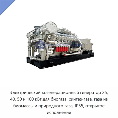 Электрический когенерационный генератор 25, 40, 50 и 100 кВт для биогаза, синтез-газа, газа из биомассы и природного газа, IP55, открытое исполнение