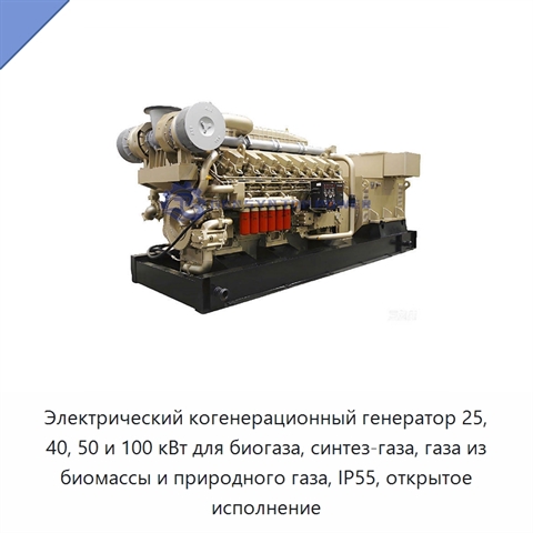Электрический когенерационный генератор 25, 40, 50 и 100 кВт для биогаза, синтез-газа, газа из биомассы и природного газа, IP55, открытое исполнение