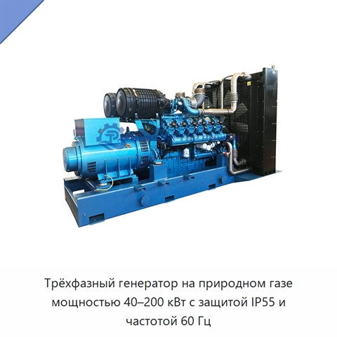 Трёхфазный генератор на природном газе мощностью 40–200 кВт с защитой IP55 и частотой 60 Гц