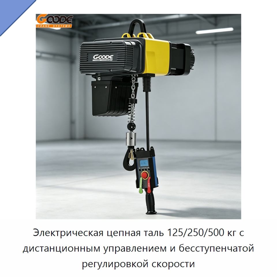 Электрическая цепная таль 125/250/500 кг с дистанционным управлением и бесступенчатой регулировкой скорости — Электротали