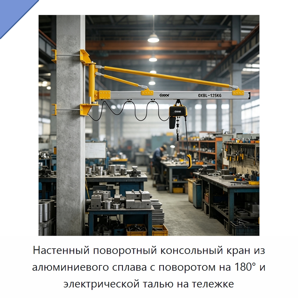 Настенный поворотный консольный кран из алюминиевого сплава с поворотом на 180° и электрической талью на тележке — Краны