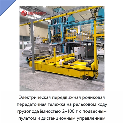 Электрическая передвижная роликовая передаточная тележка на рельсовом ходу грузоподъёмностью 2–100 т с подвесным пультом и дистанционным управлением