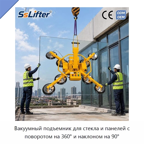 Вакуумный подъемник для стекла и панелей с поворотом на 360° и наклоном на 90°
