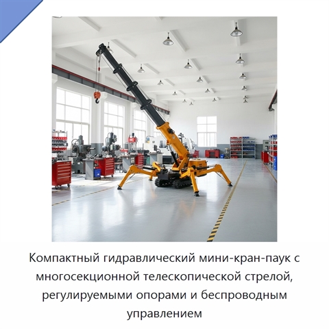Компактный гидравлический мини-кран-паук с многосекционной телескопической стрелой, регулируемыми опорами и беспроводным управлением
