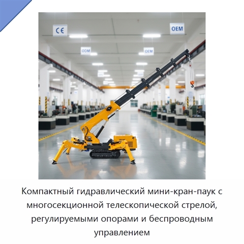 Компактный гидравлический мини-кран-паук с многосекционной телескопической стрелой, регулируемыми опорами и беспроводным управлением