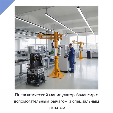 Пневматический манипулятор-балансир с вспомогательным рычагом и специальным захватом
