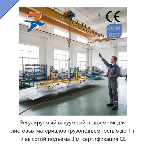 Регулируемый вакуумный подъемник для листовых материалов грузоподъемностью до 1 т и высотой подъема 3 м, сертификация CE