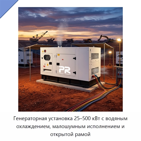 Генераторная установка 25–500 кВт с водяным охлаждением, малошумным исполнением и открытой рамой