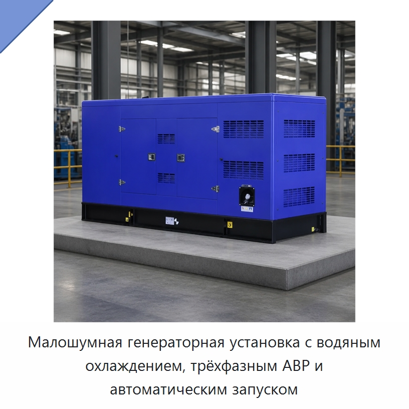 Малошумная генераторная установка с водяным охлаждением, трёхфазным АВР и автоматическим запуском — Дизельные генераторы