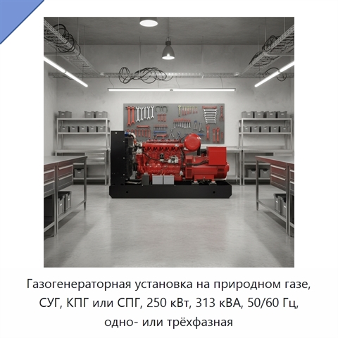 Газогенераторная установка на природном газе, СУГ, КПГ или СПГ, 250 кВт, 313 кВА, 50/60 Гц, одно- или трёхфазная