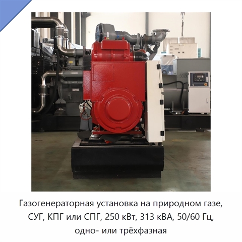 Газогенераторная установка на природном газе, СУГ, КПГ или СПГ, 250 кВт, 313 кВА, 50/60 Гц, одно- или трёхфазная