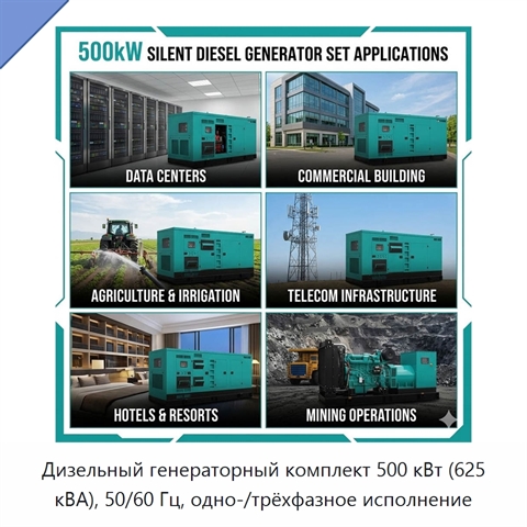 Дизельный генераторный комплект 500 кВт (625 кВА), 50/60 Гц, одно-/трёхфазное исполнение