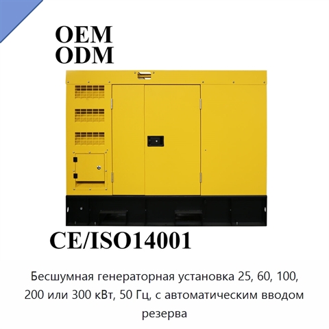 Бесшумная генераторная установка 25, 60, 100, 200 или 300 кВт, 50 Гц, с автоматическим вводом резерва