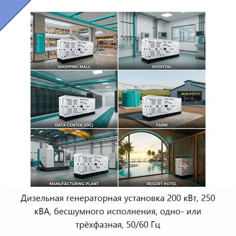 Дизельная генераторная установка 200 кВт, 250 кВА, бесшумного исполнения, одно- или трёхфазная, 50/60 Гц