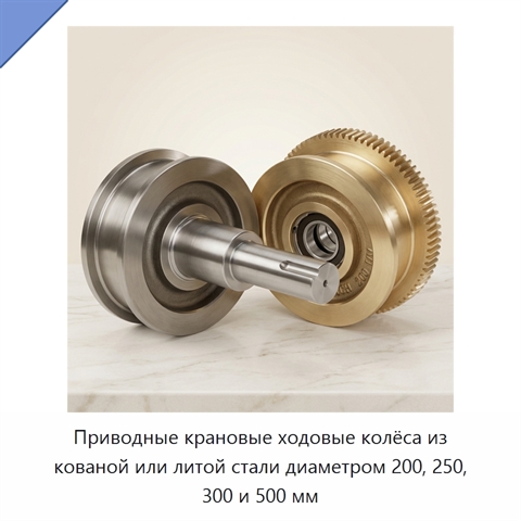 Приводные крановые ходовые колёса из кованой или литой стали диаметром 200, 250, 300 и 500 мм